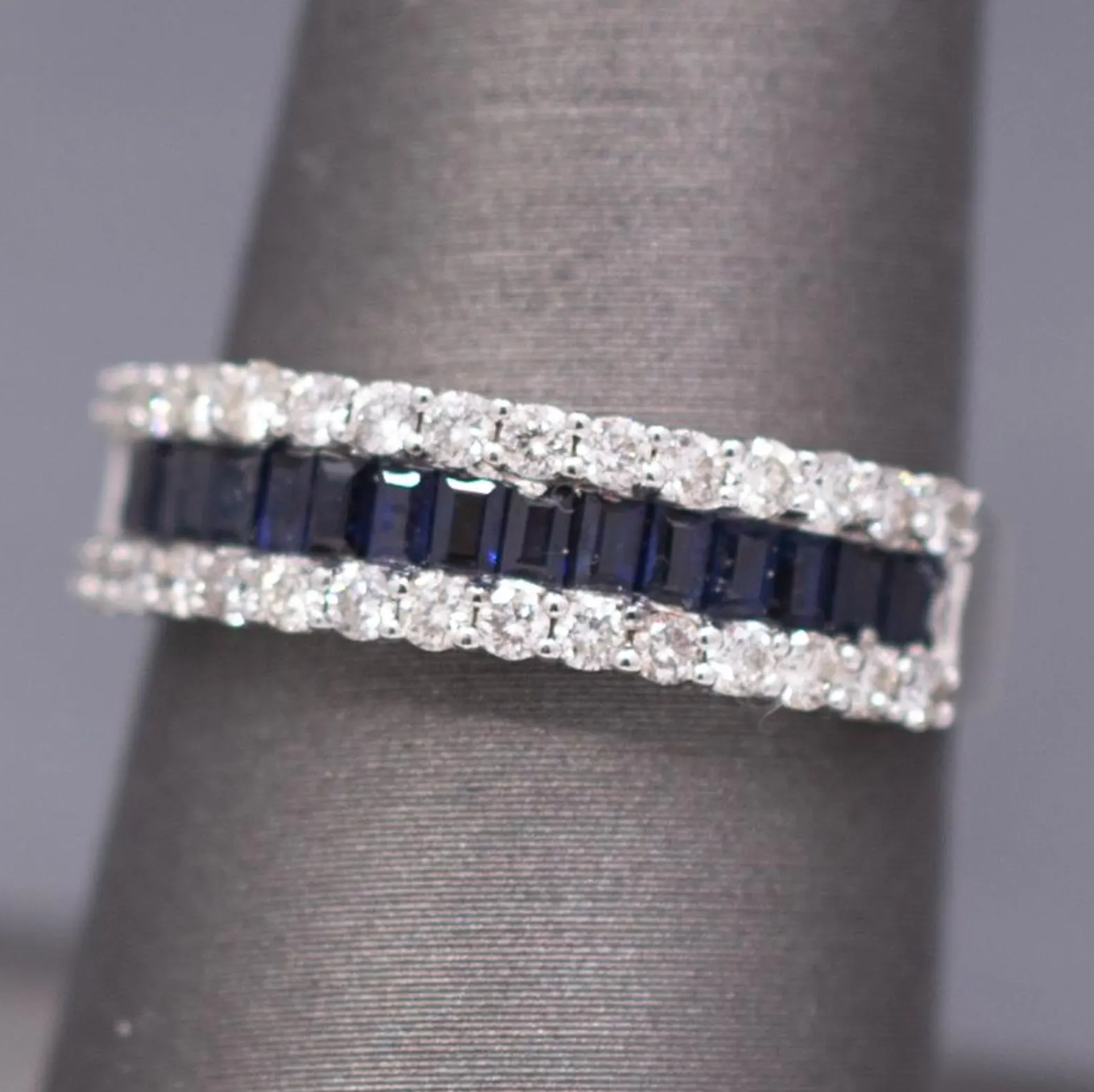 Sparkling Deep Blue Sapphire and Diamond Band Ring in 14k White Gold