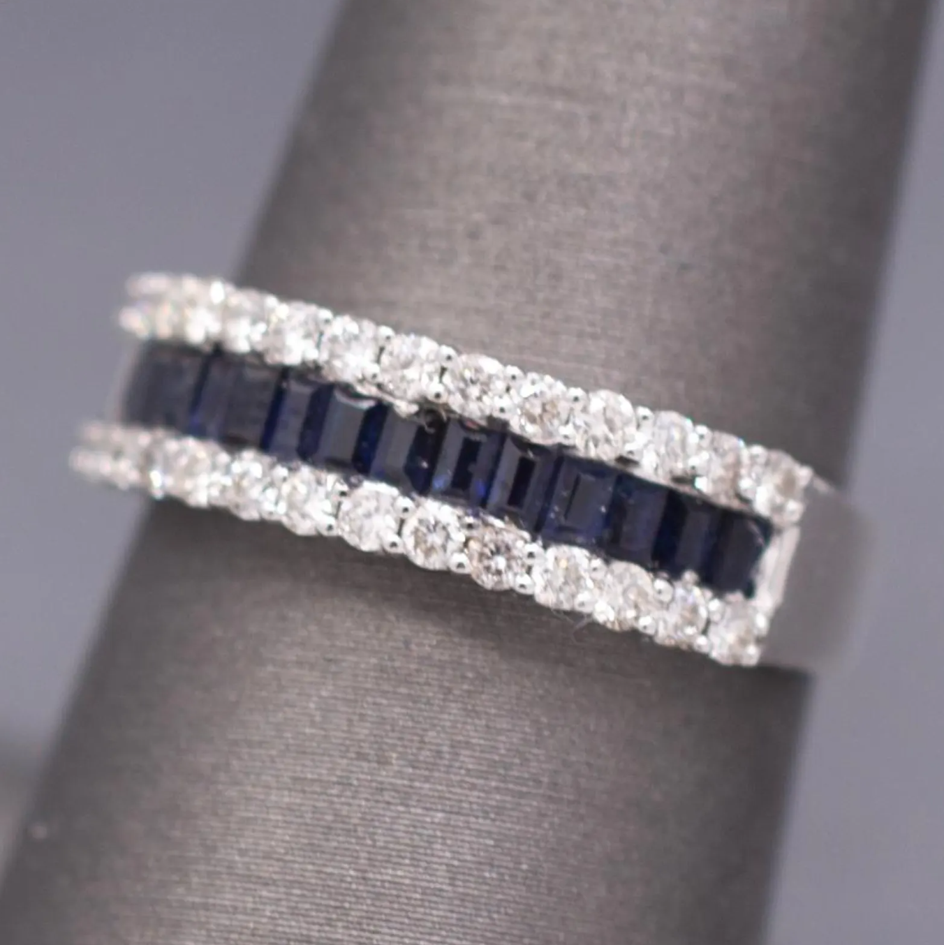 Sparkling Deep Blue Sapphire and Diamond Band Ring in 14k White Gold