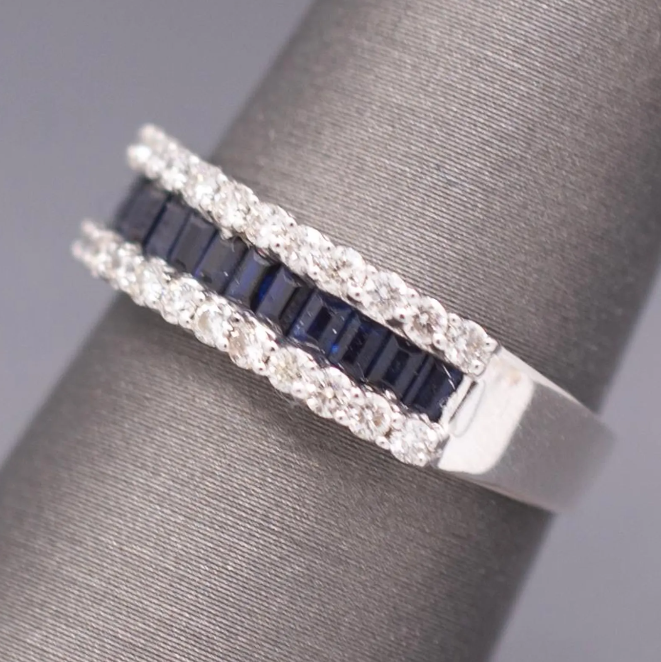 Sparkling Deep Blue Sapphire and Diamond Band Ring in 14k White Gold