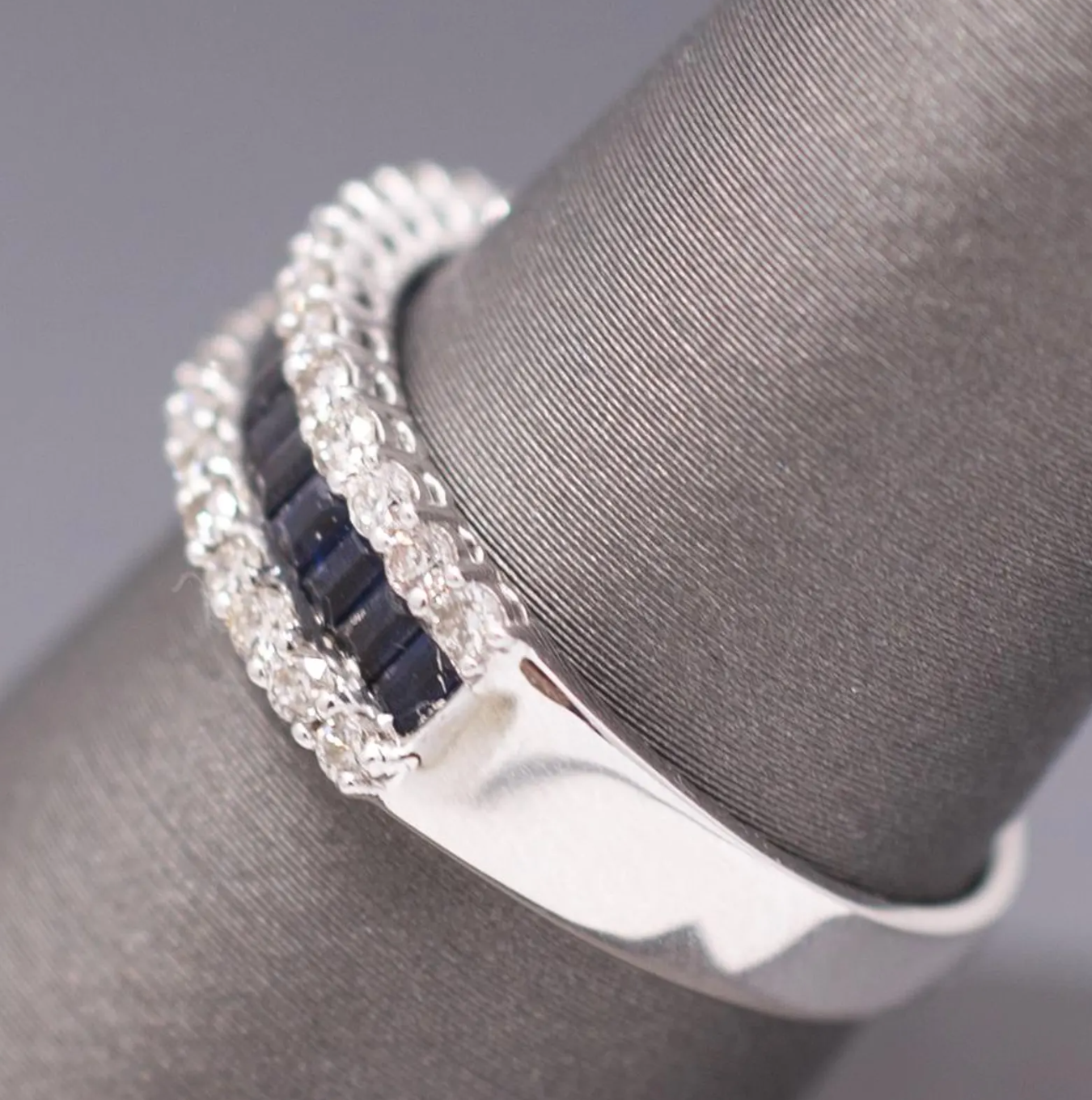 Sparkling Deep Blue Sapphire and Diamond Band Ring in 14k White Gold