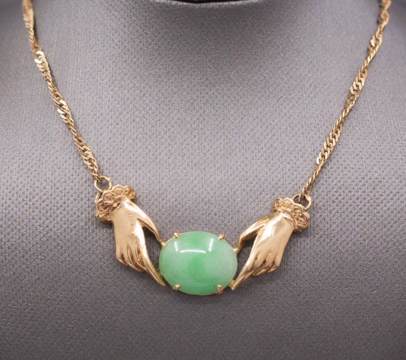 Vintage Custom Jadeite Jade Necklace with Hands in 18k Yellow Gold