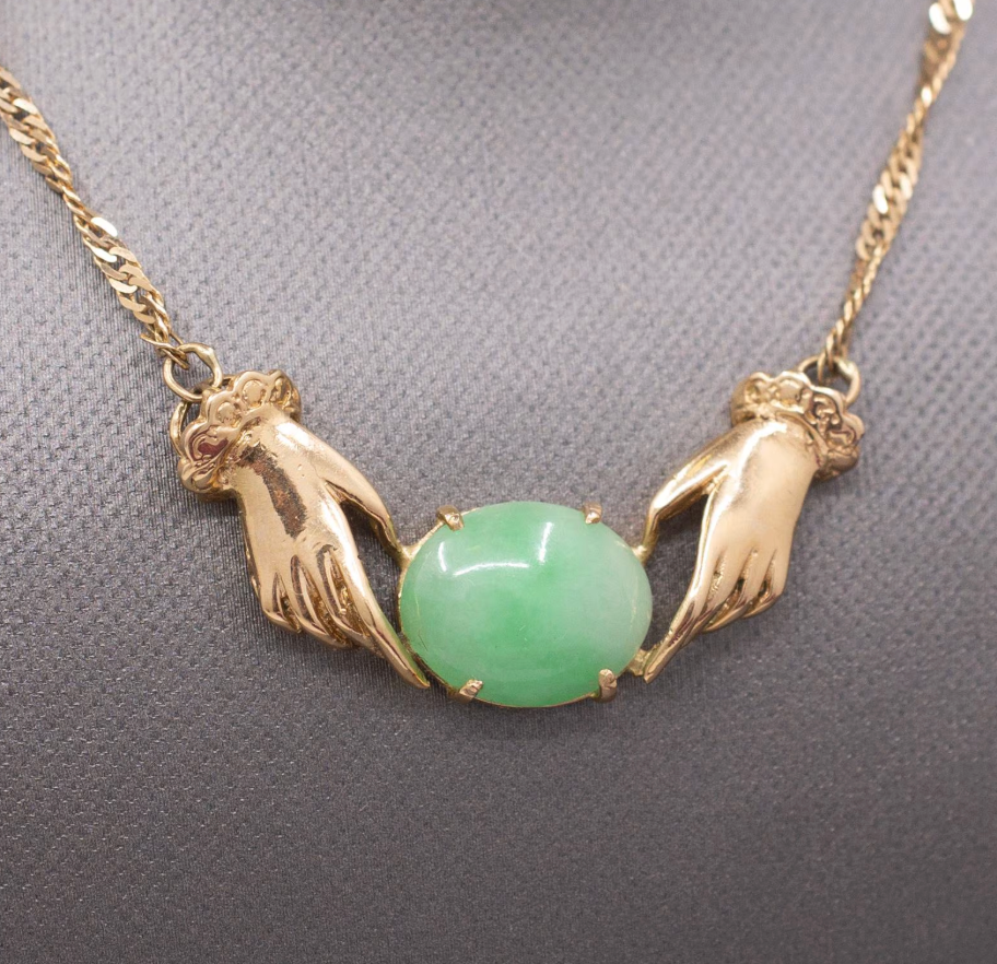 Vintage Custom Jadeite Jade Necklace with Hands in 18k Yellow Gold