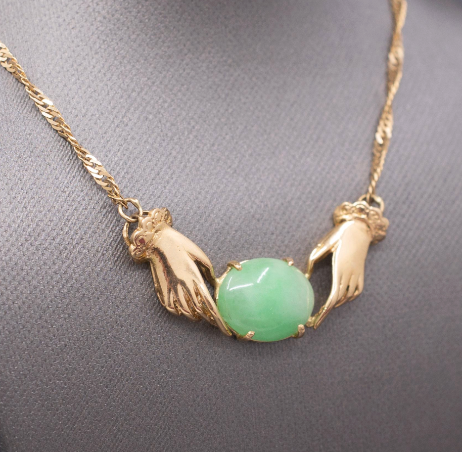 Vintage Custom Jadeite Jade Necklace with Hands in 18k Yellow Gold