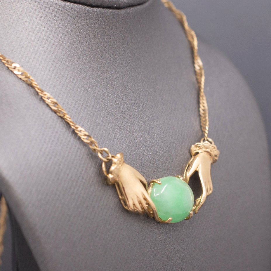 Vintage Custom Jadeite Jade Necklace with Hands in 18k Yellow Gold