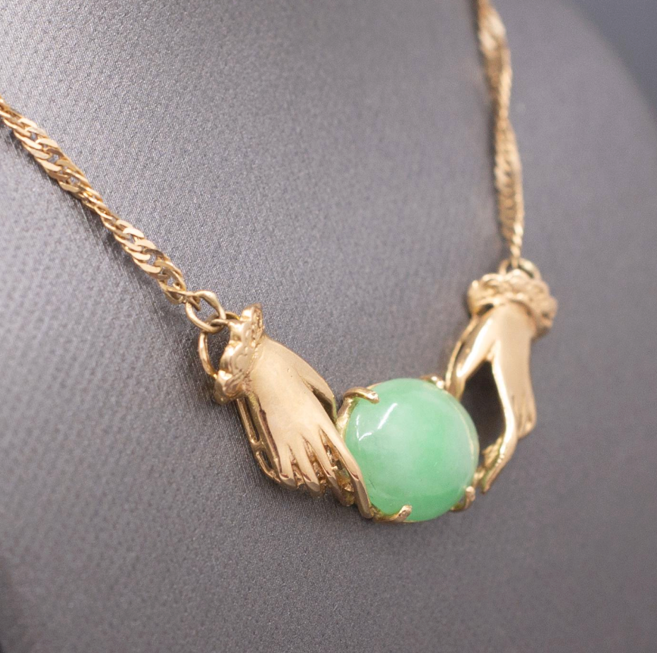 Vintage Custom Jadeite Jade Necklace with Hands in 18k Yellow Gold
