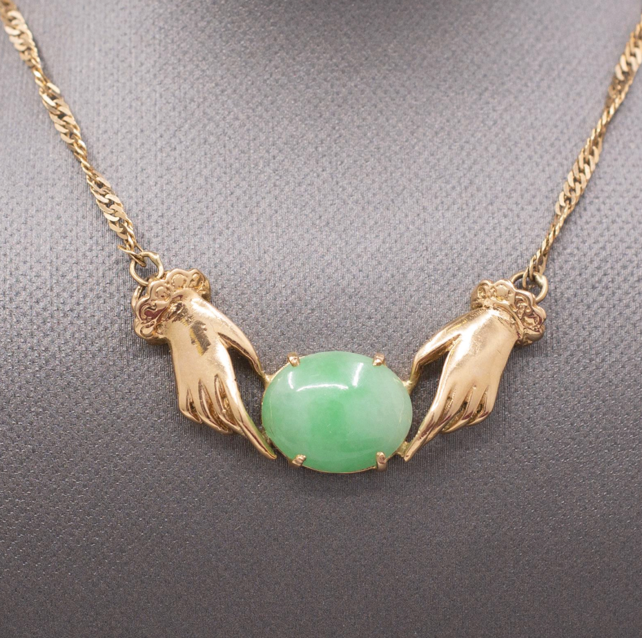Vintage Custom Jadeite Jade Necklace with Hands in 18k Yellow Gold