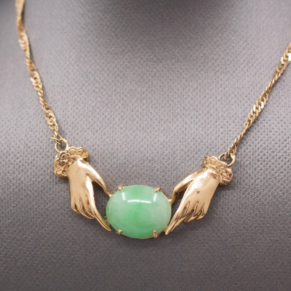 Vintage Custom Jadeite Jade Necklace with Hands in 18k Yellow Gold