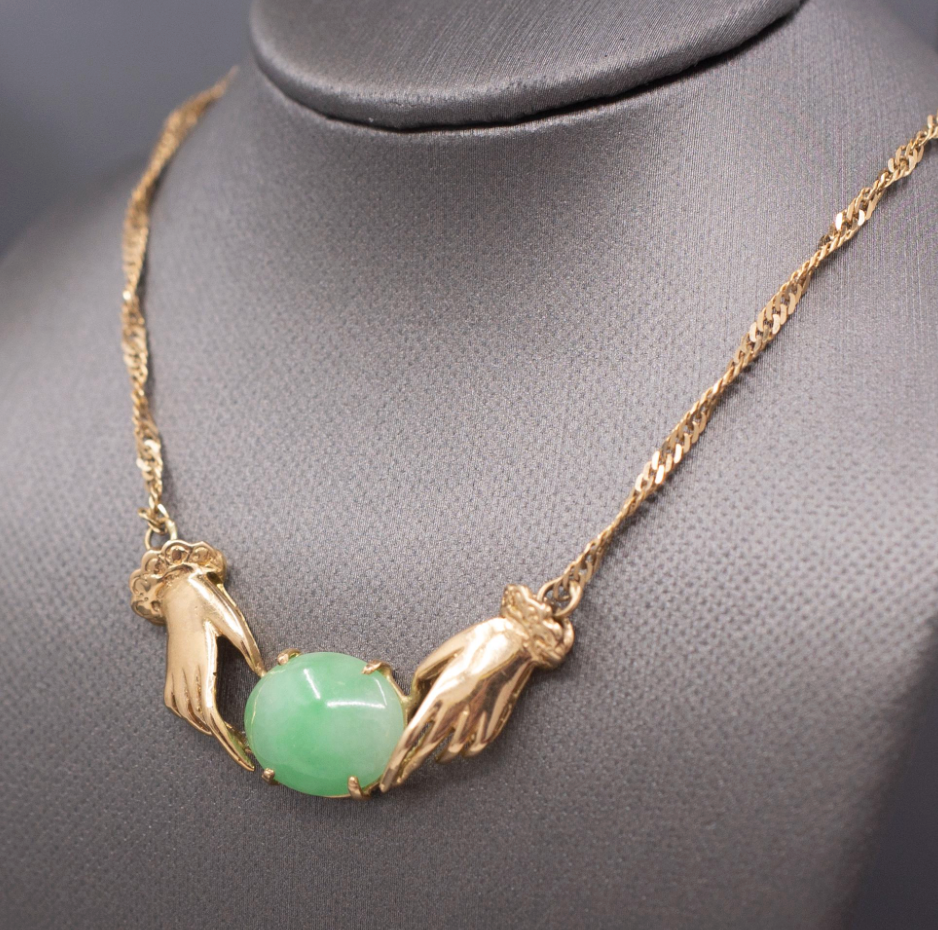 Vintage Custom Jadeite Jade Necklace with Hands in 18k Yellow Gold