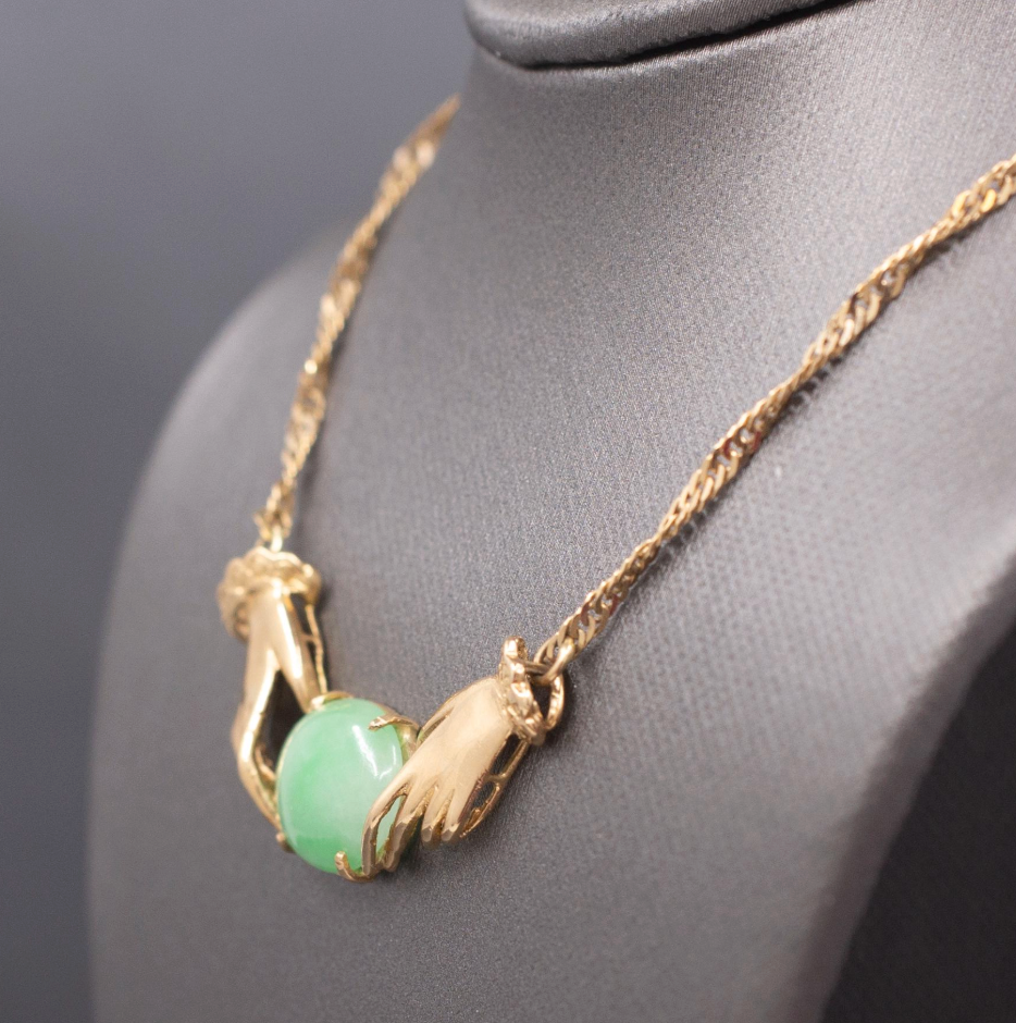 Vintage Custom Jadeite Jade Necklace with Hands in 18k Yellow Gold