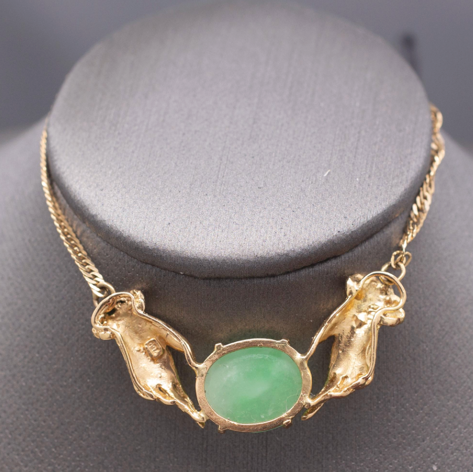 Vintage Custom Jadeite Jade Necklace with Hands in 18k Yellow Gold