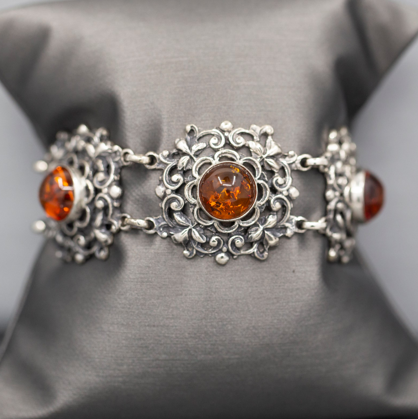 Glowing Amber Bezel Set Filigree Statement Bracelet in Silver