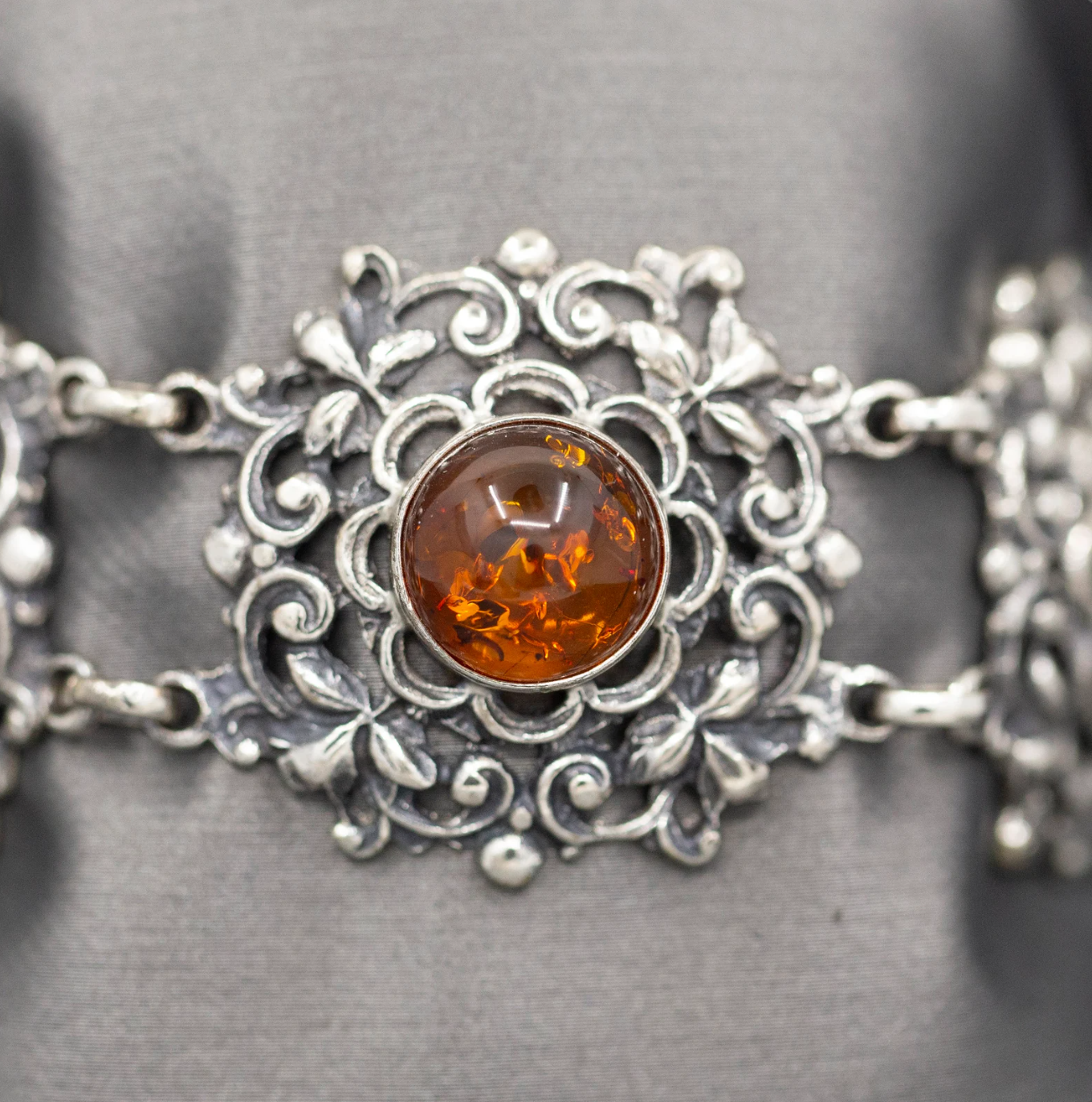 Glowing Amber Bezel Set Filigree Statement Bracelet in Silver