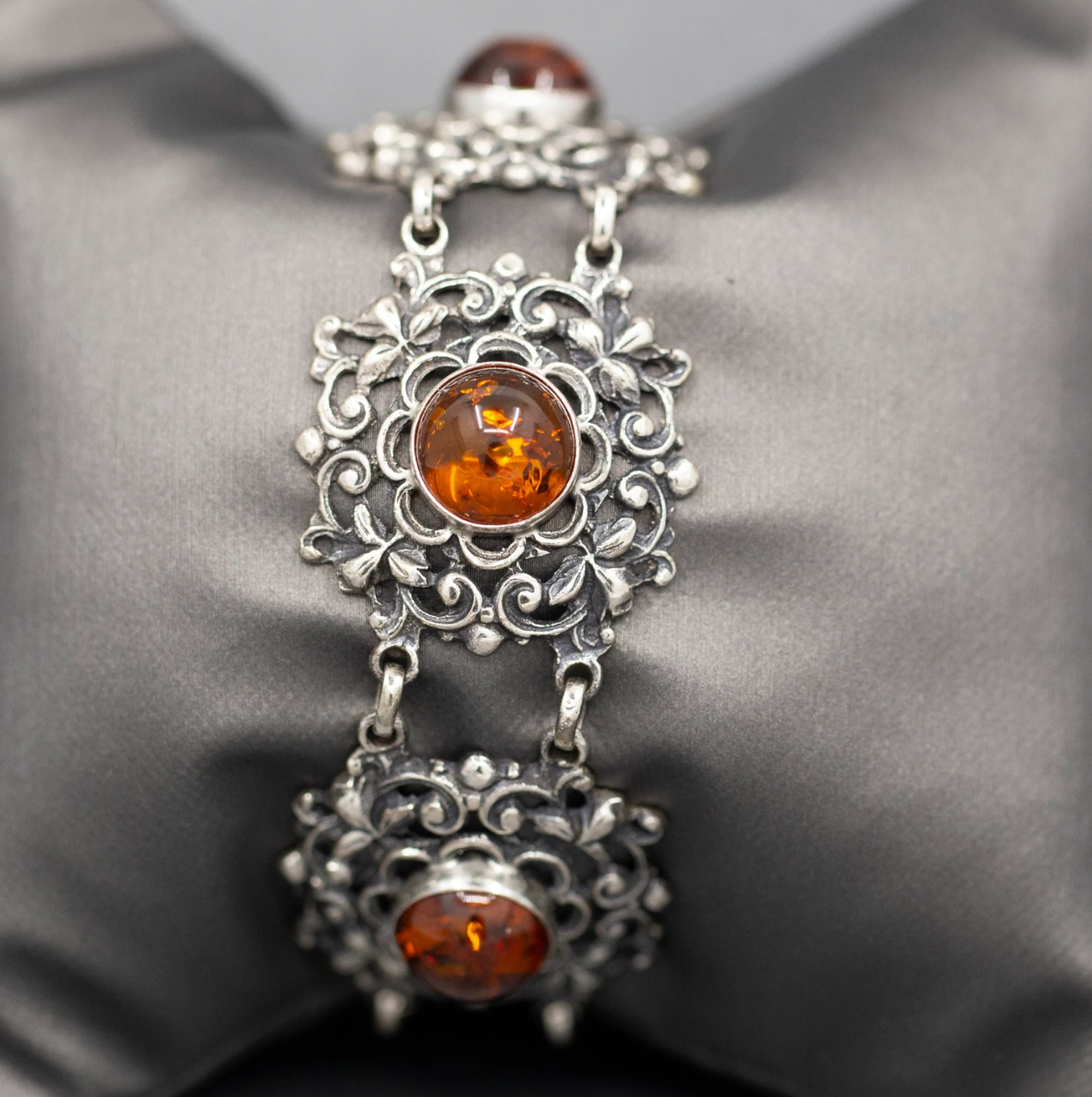 Glowing Amber Bezel Set Filigree Statement Bracelet in Silver