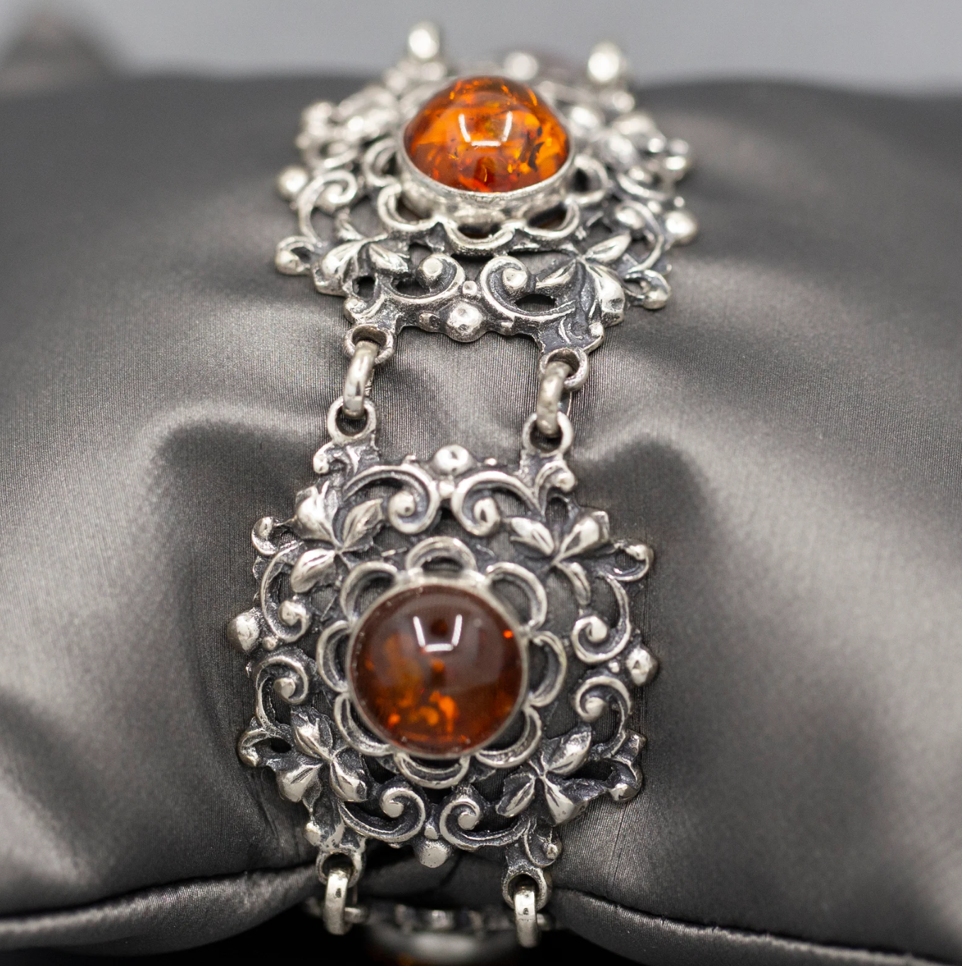 Glowing Amber Bezel Set Filigree Statement Bracelet in Silver