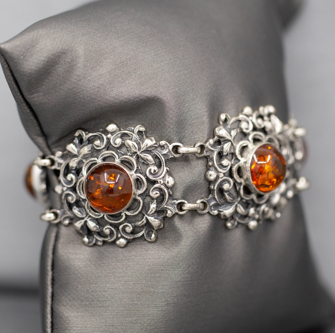 Glowing Amber Bezel Set Filigree Statement Bracelet in Silver