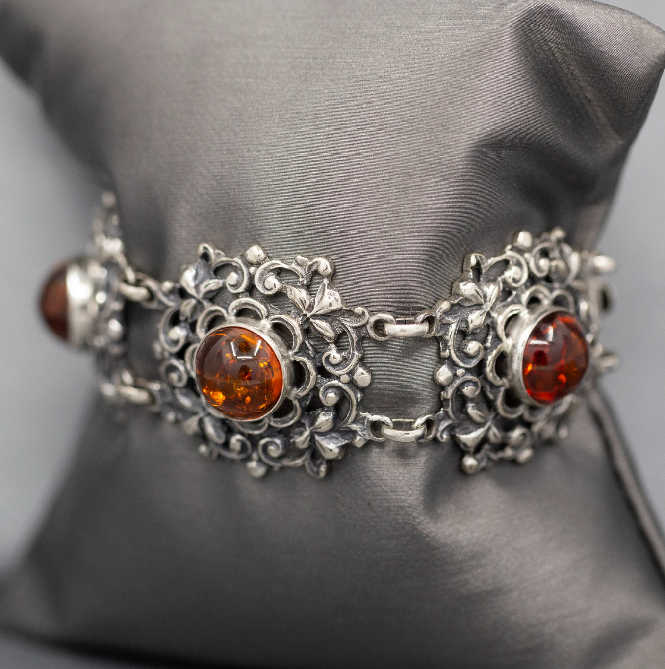 Glowing Amber Bezel Set Filigree Statement Bracelet in Silver