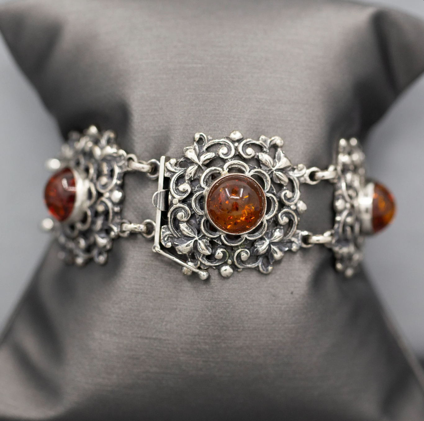 Glowing Amber Bezel Set Filigree Statement Bracelet in Silver