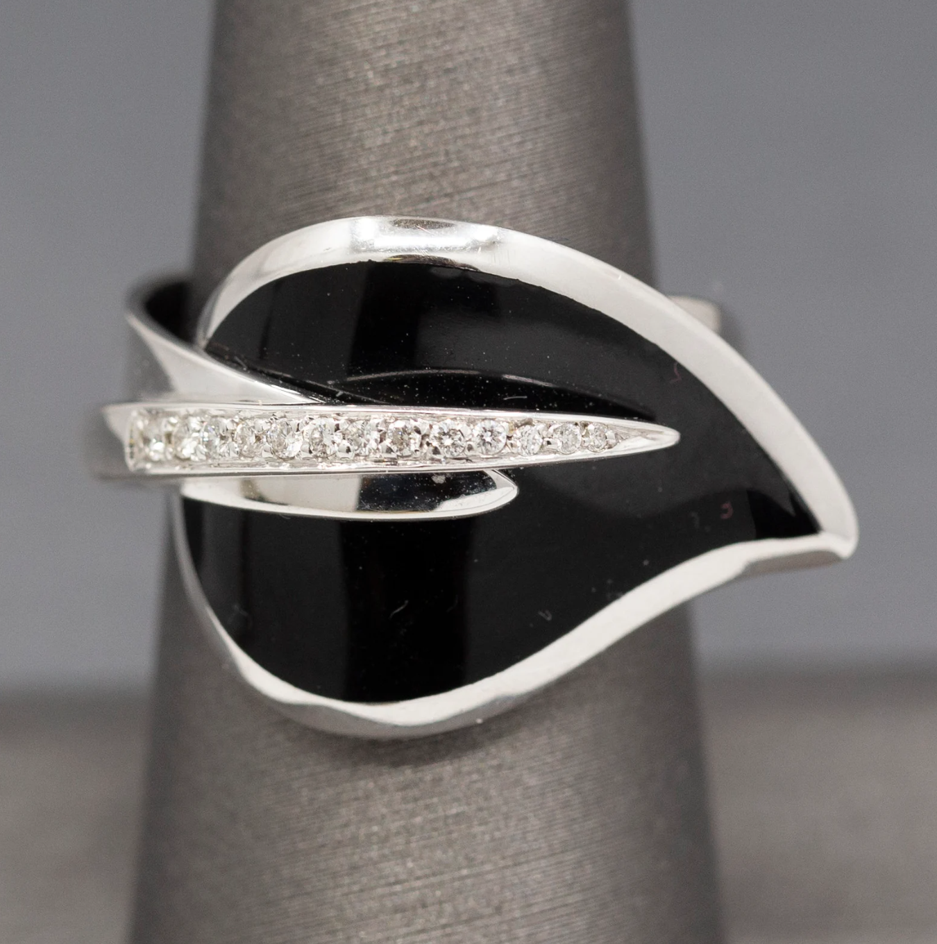 La Nouvelle Bague Black Enamel and Diamond Leaf Wrap Ring in 18k White Gold
