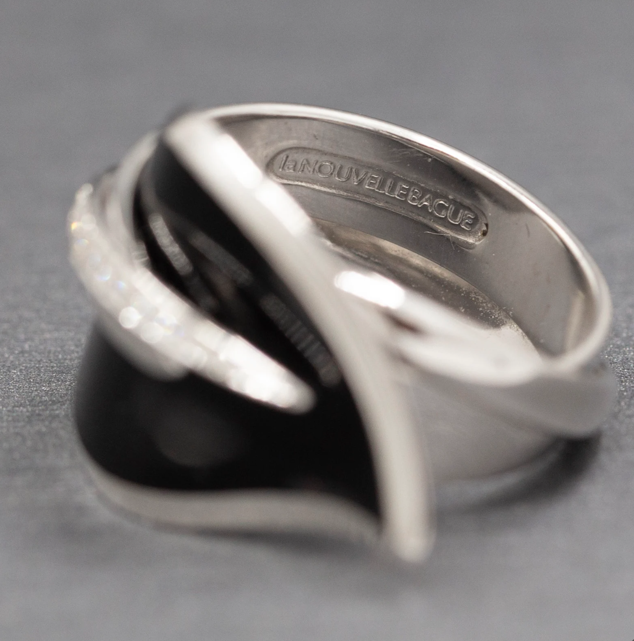 La Nouvelle Bague Black Enamel and Diamond Leaf Wrap Ring in 18k White Gold
