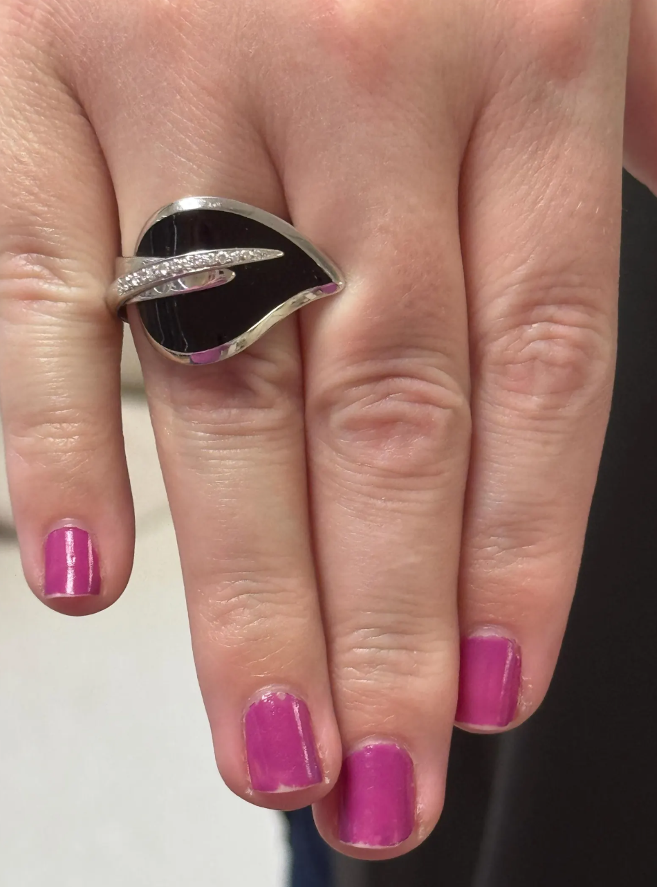 La Nouvelle Bague Black Enamel and Diamond Leaf Wrap Ring in 18k White Gold