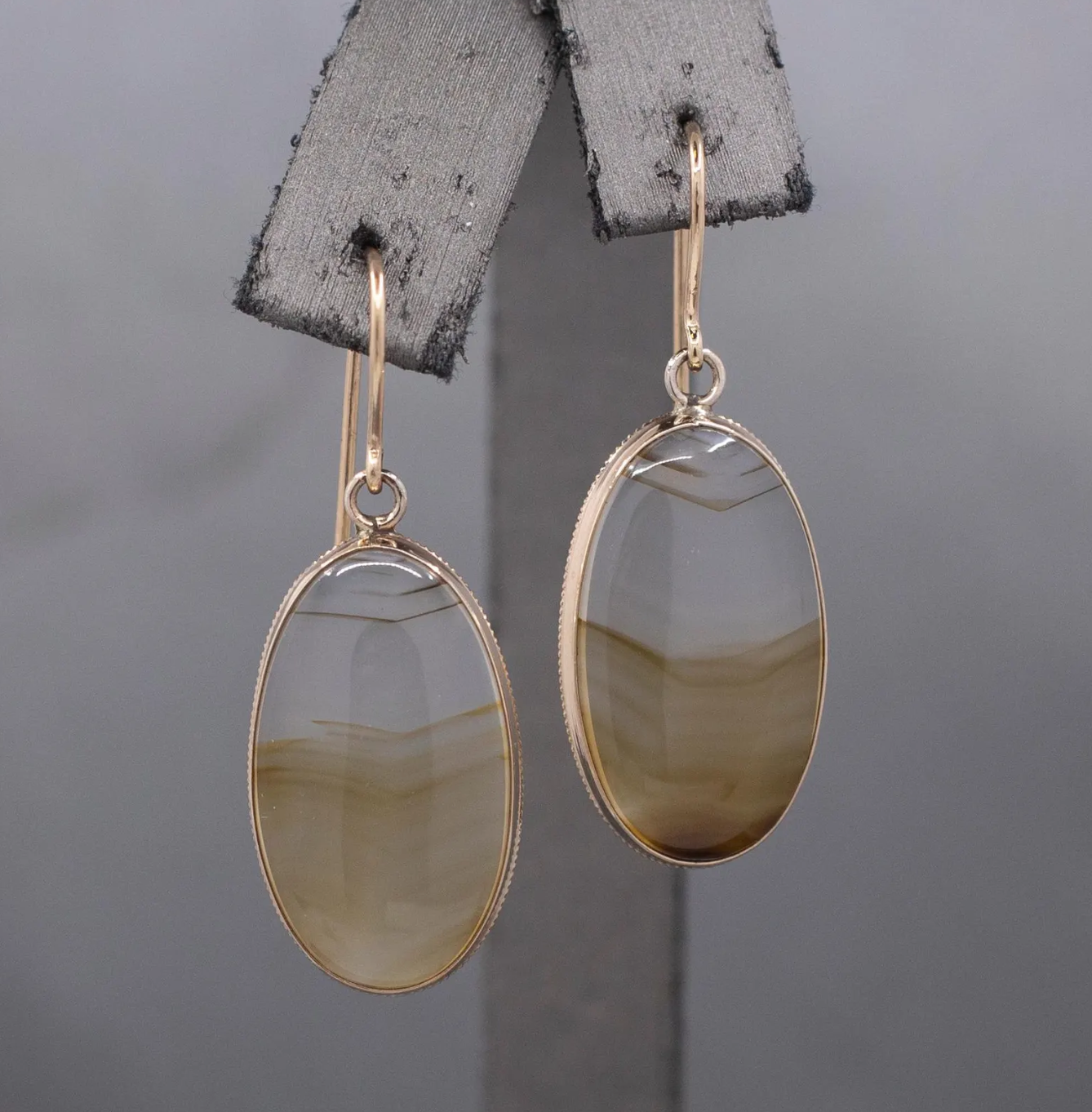 Antique Victorian Banded Agate Bezel Set Dangle Earrings in 10k & 14k Yellow Gold