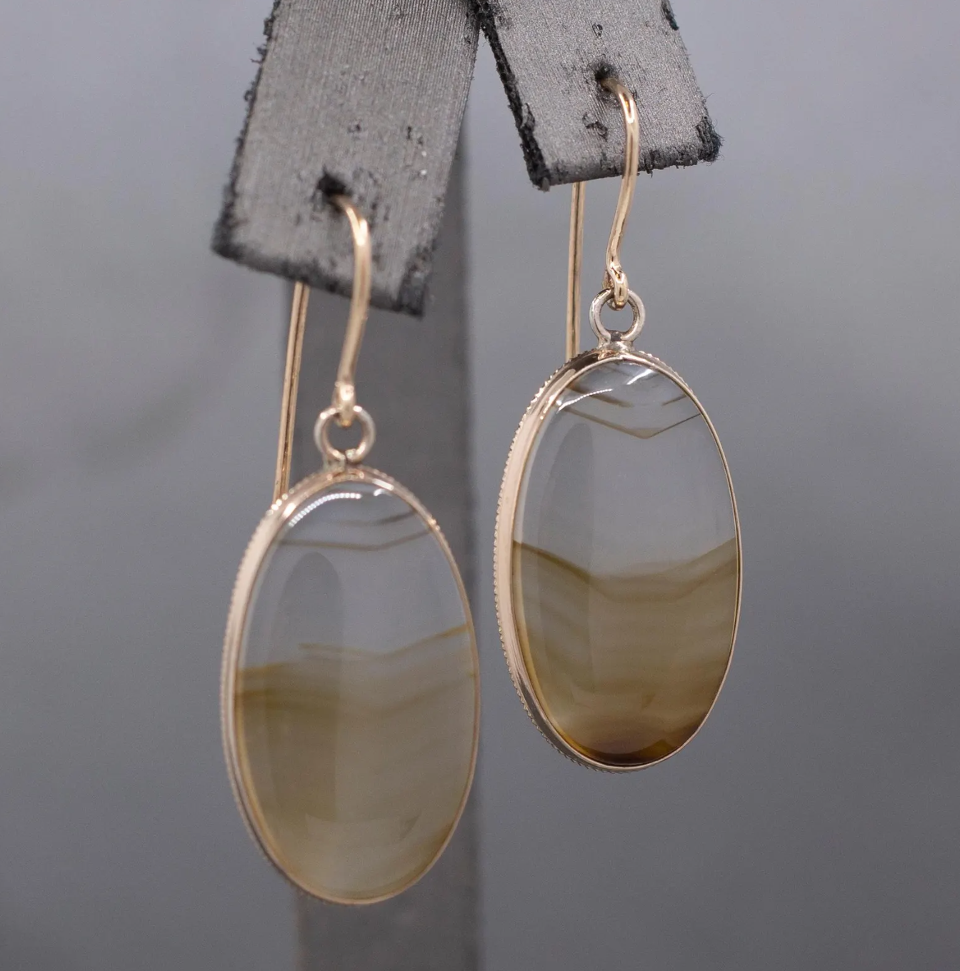 Antique Victorian Banded Agate Bezel Set Dangle Earrings in 10k & 14k Yellow Gold