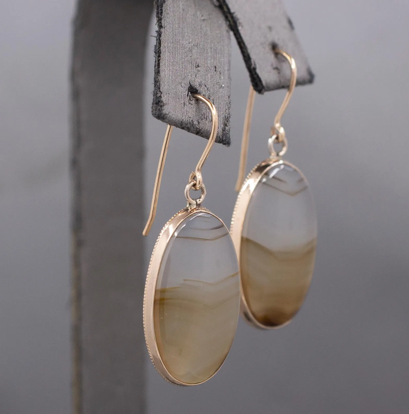 Antique Victorian Banded Agate Bezel Set Dangle Earrings in 10k & 14k Yellow Gold