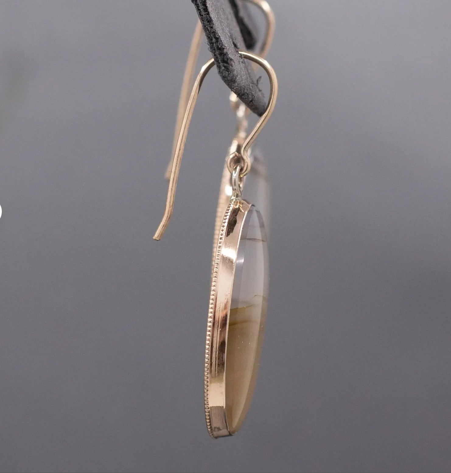 Antique Victorian Banded Agate Bezel Set Dangle Earrings in 10k & 14k Yellow Gold