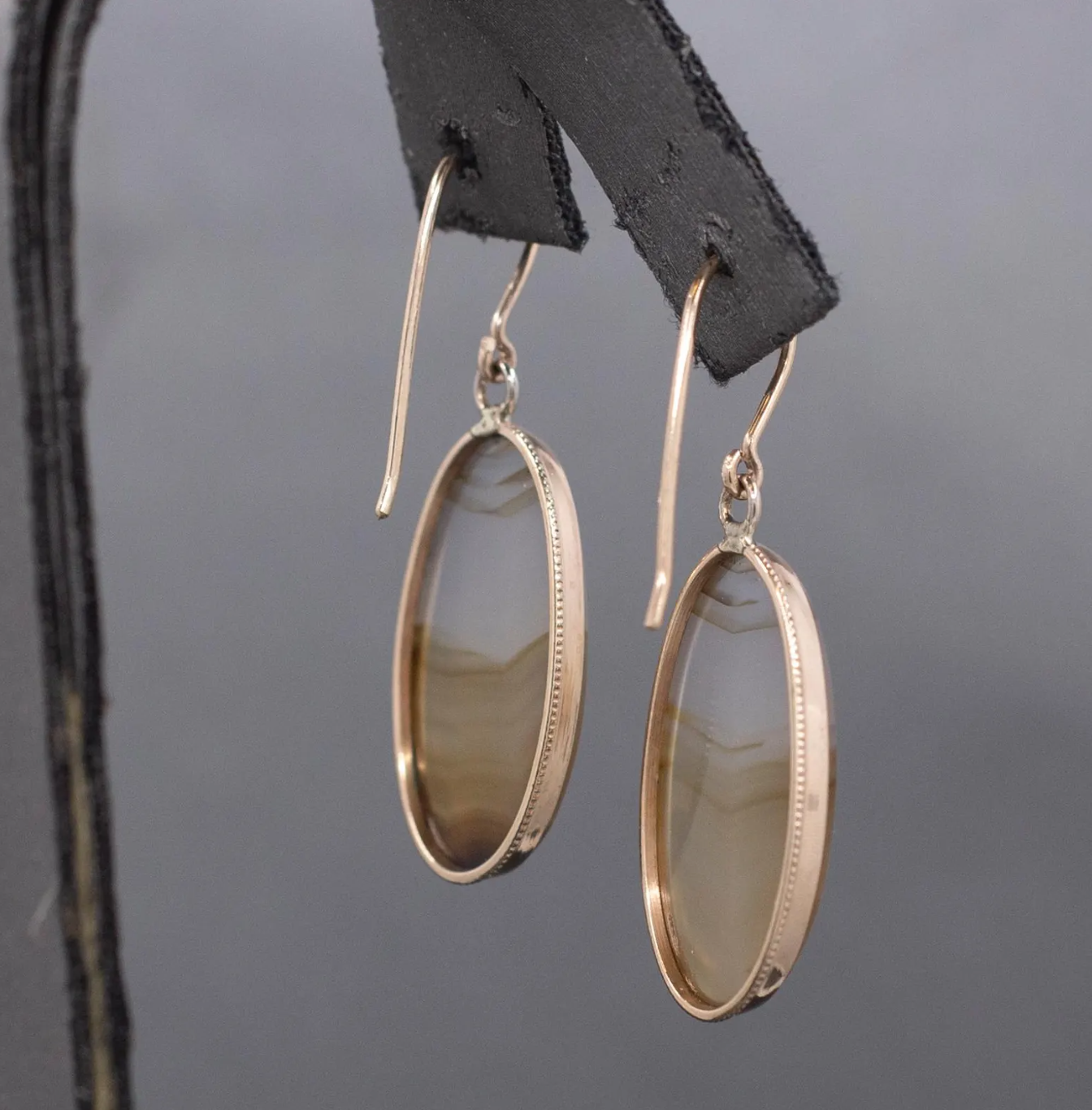 Antique Victorian Banded Agate Bezel Set Dangle Earrings in 10k & 14k Yellow Gold