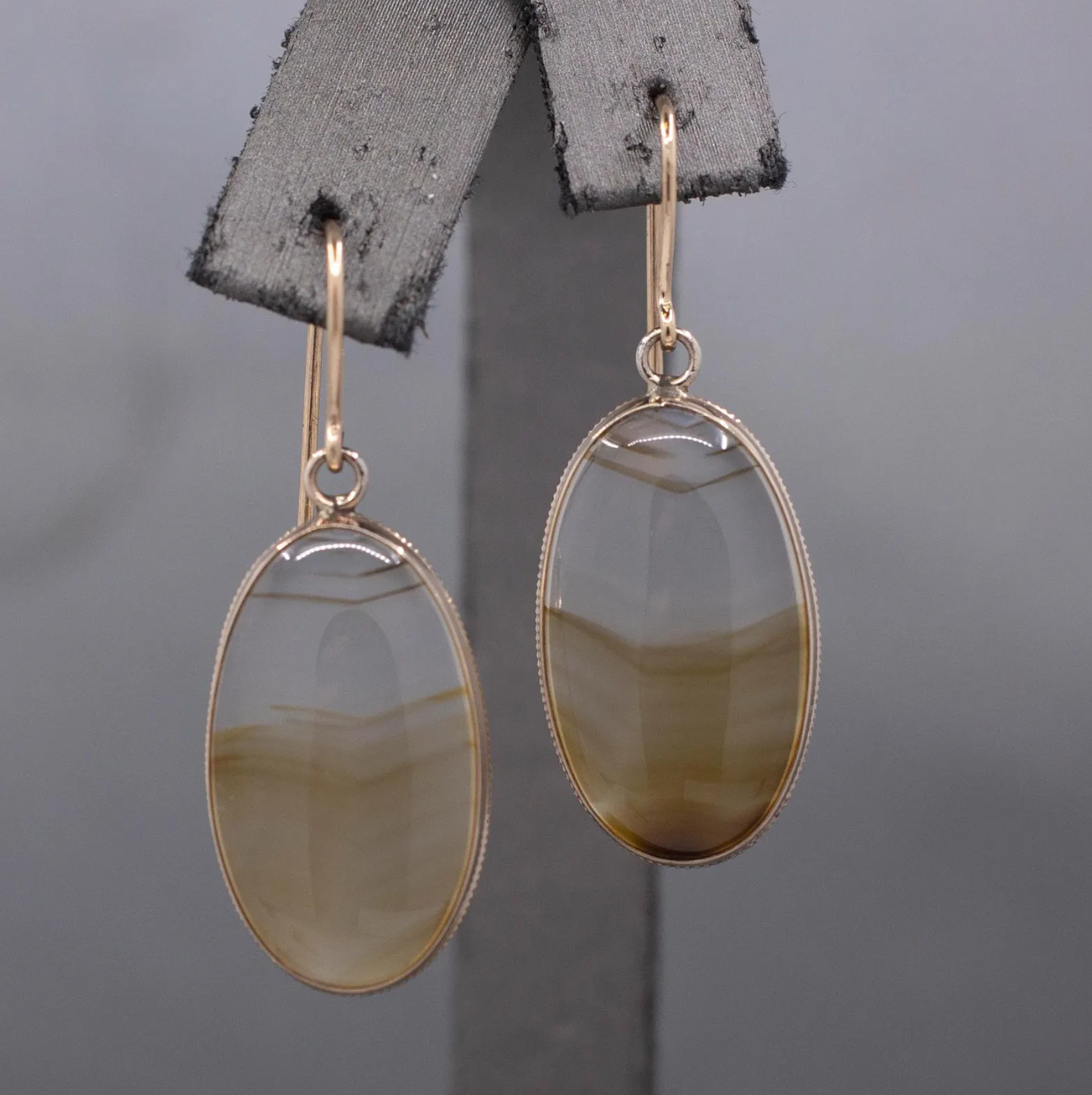 Antique Victorian Banded Agate Bezel Set Dangle Earrings in 10k & 14k Yellow Gold