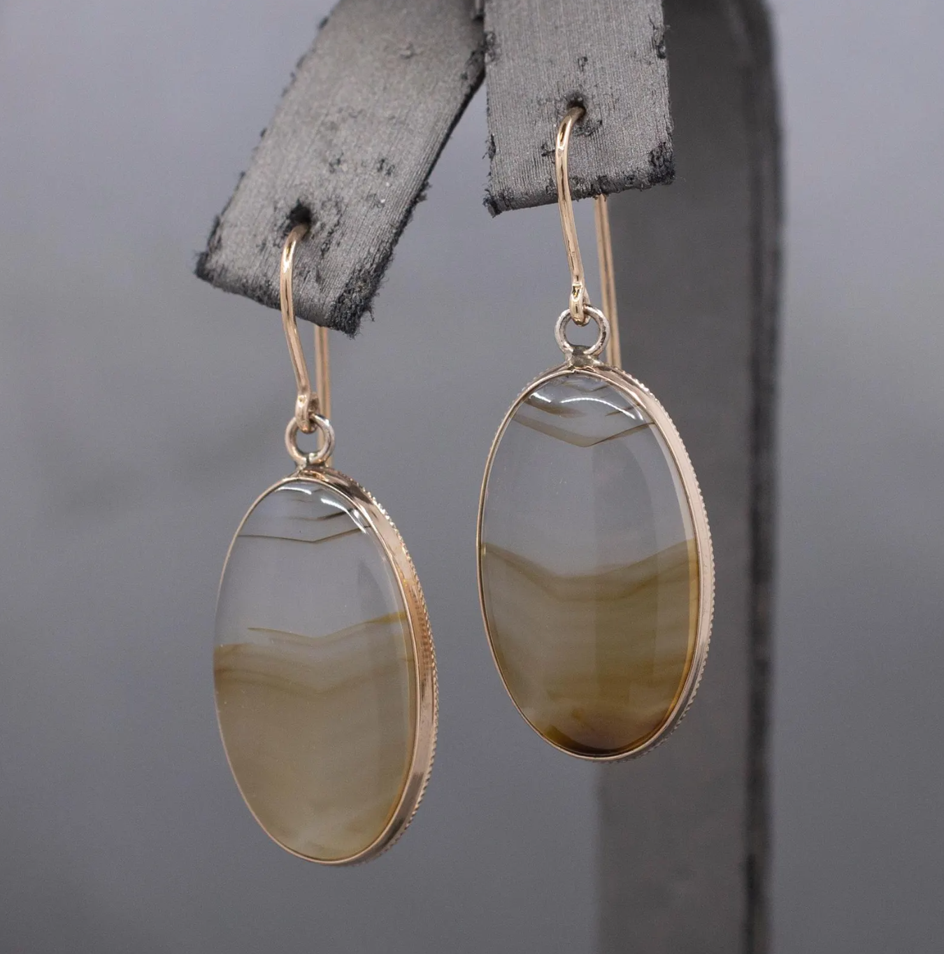 Antique Victorian Banded Agate Bezel Set Dangle Earrings in 10k & 14k Yellow Gold