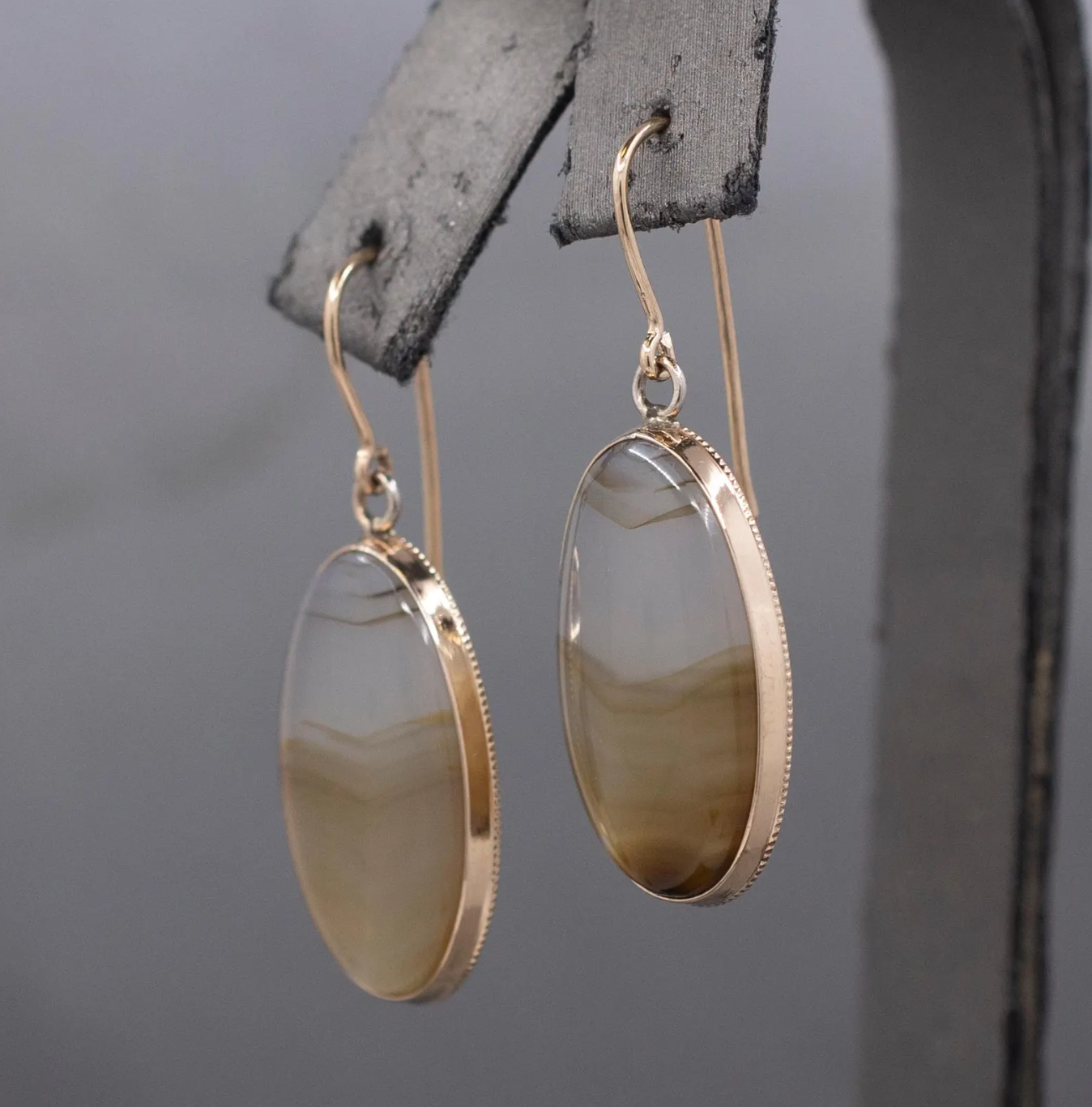 Antique Victorian Banded Agate Bezel Set Dangle Earrings in 10k & 14k Yellow Gold