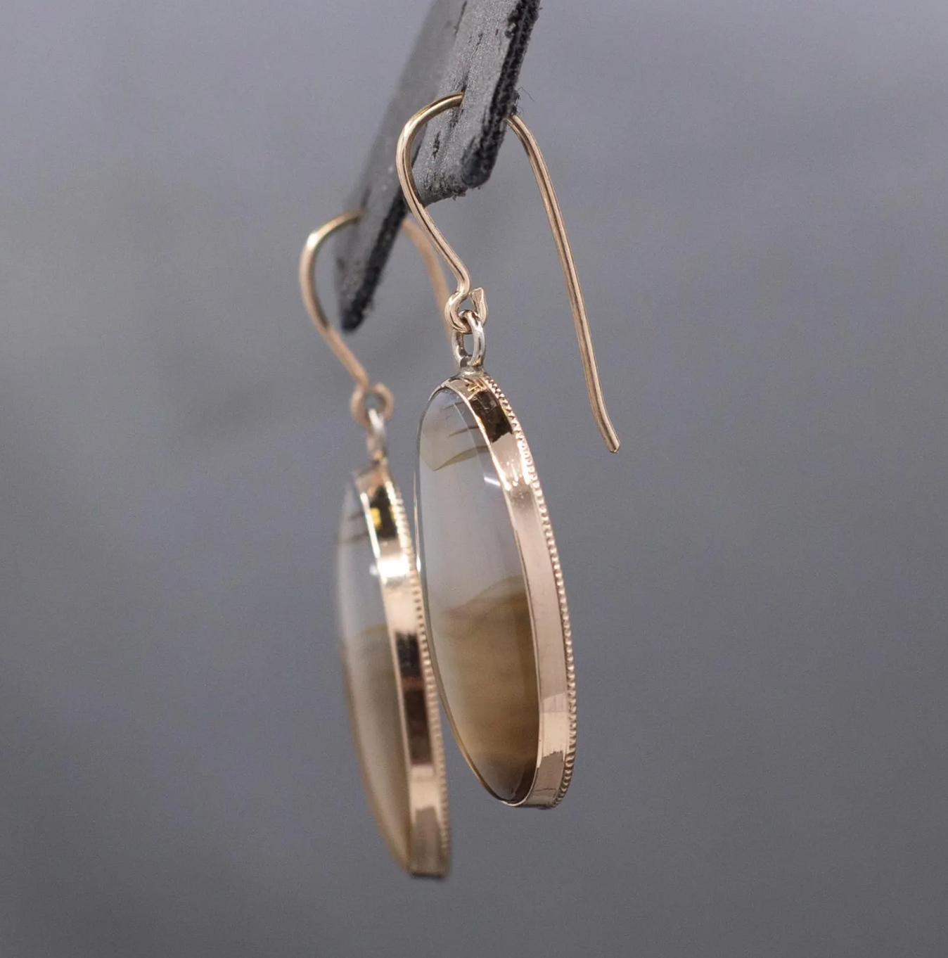 Antique Victorian Banded Agate Bezel Set Dangle Earrings in 10k & 14k Yellow Gold