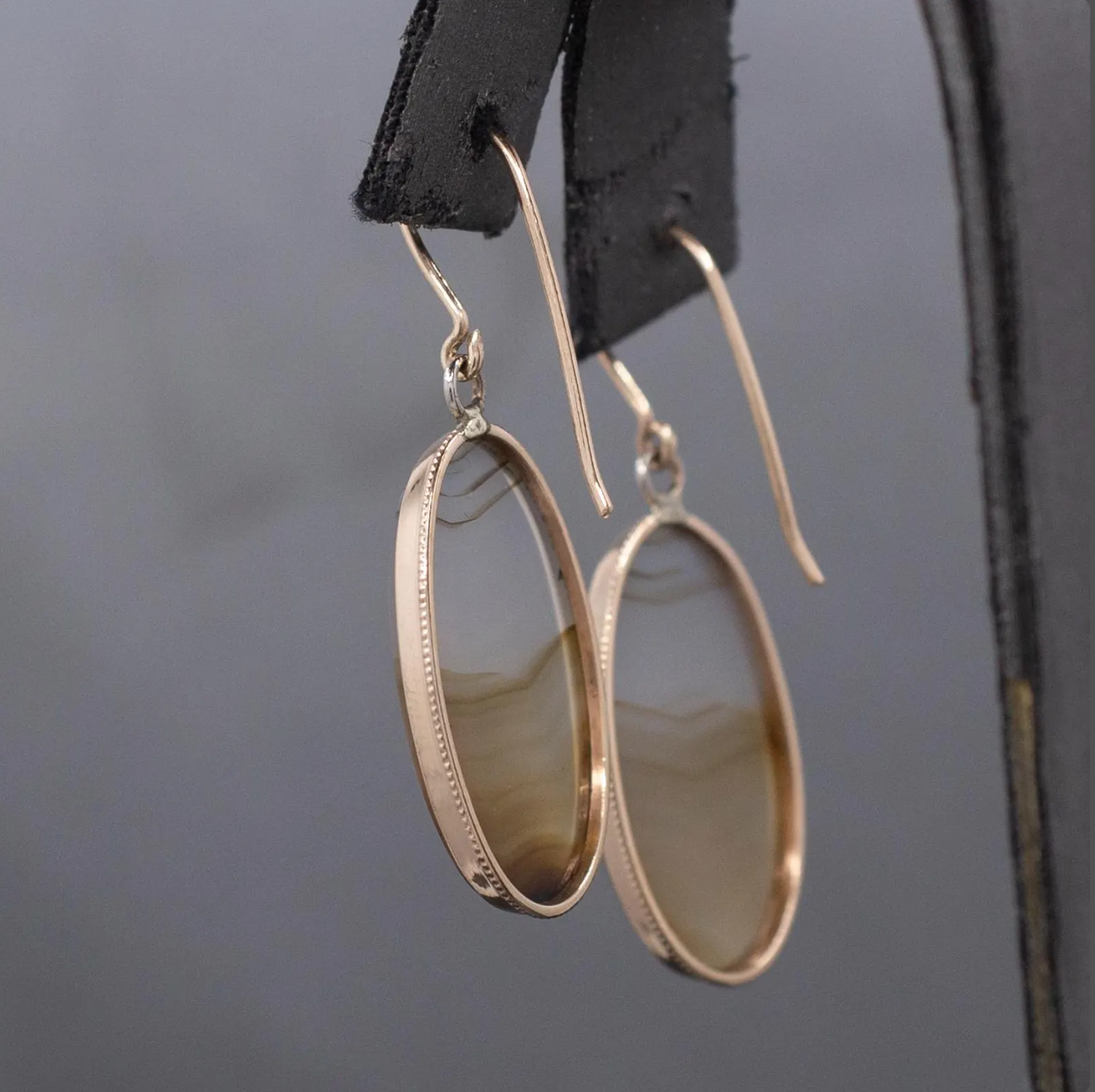 Antique Victorian Banded Agate Bezel Set Dangle Earrings in 10k & 14k Yellow Gold