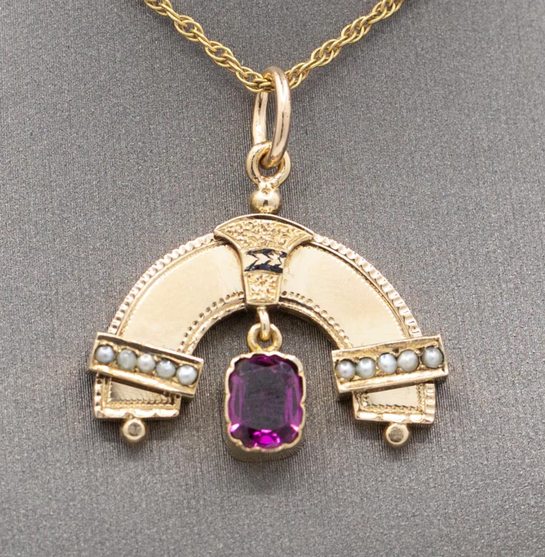 Antique Victorian Seed Pearl and Rhodolite Garnet Rainbow Pendant Necklace in 14k Yellow Gold