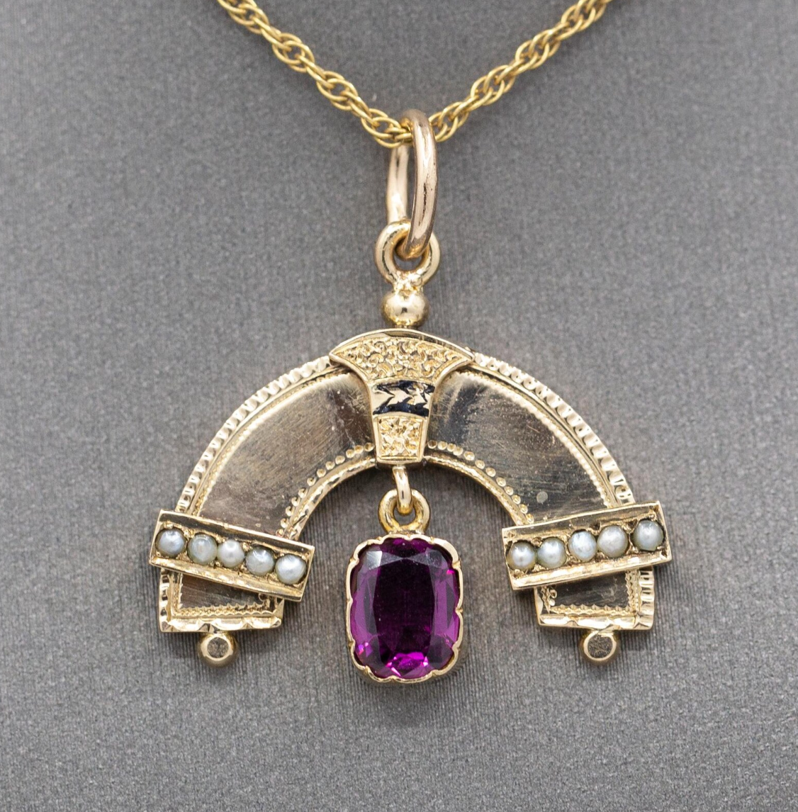 Antique Victorian Seed Pearl and Rhodolite Garnet Rainbow Pendant Necklace in 14k Yellow Gold