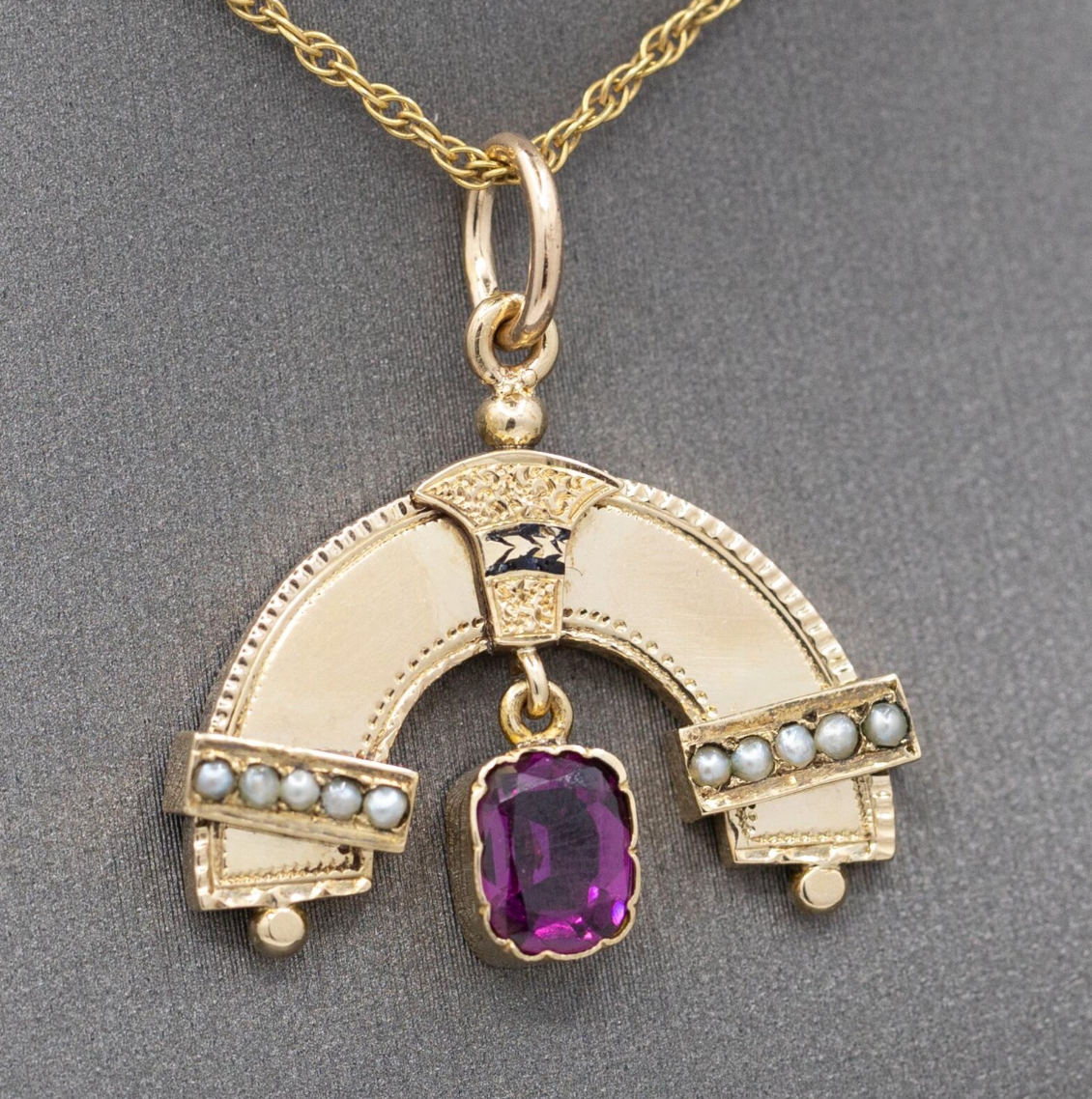 Antique Victorian Seed Pearl and Rhodolite Garnet Rainbow Pendant Necklace in 14k Yellow Gold
