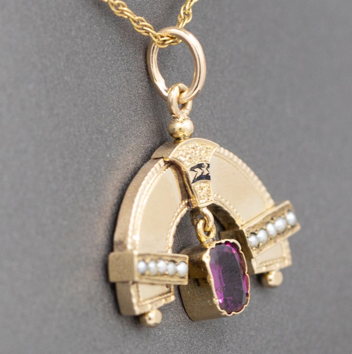 Antique Victorian Seed Pearl and Rhodolite Garnet Rainbow Pendant Necklace in 14k Yellow Gold