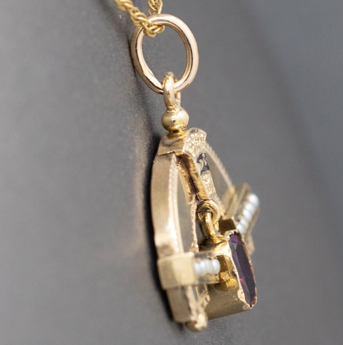 Antique Victorian Seed Pearl and Rhodolite Garnet Rainbow Pendant Necklace in 14k Yellow Gold