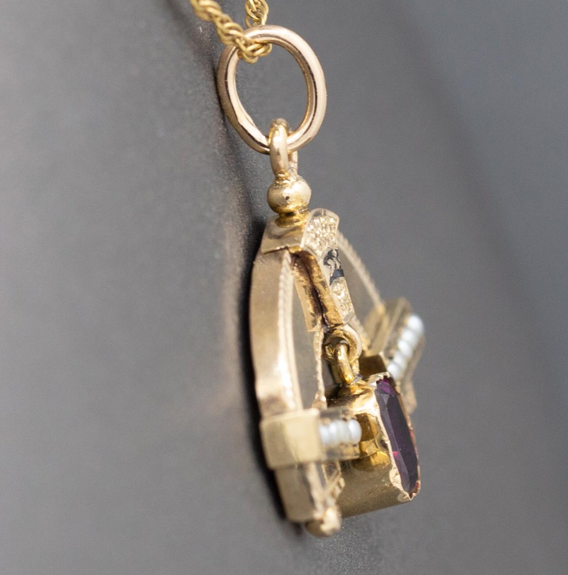 Antique Victorian Seed Pearl and Rhodolite Garnet Rainbow Pendant Necklace in 14k Yellow Gold