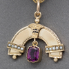 Antique Victorian Seed Pearl and Rhodolite Garnet Rainbow Pendant Necklace in 14k Yellow Gold