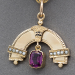 Antique Victorian Seed Pearl and Rhodolite Garnet Rainbow Pendant Necklace in 14k Yellow Gold