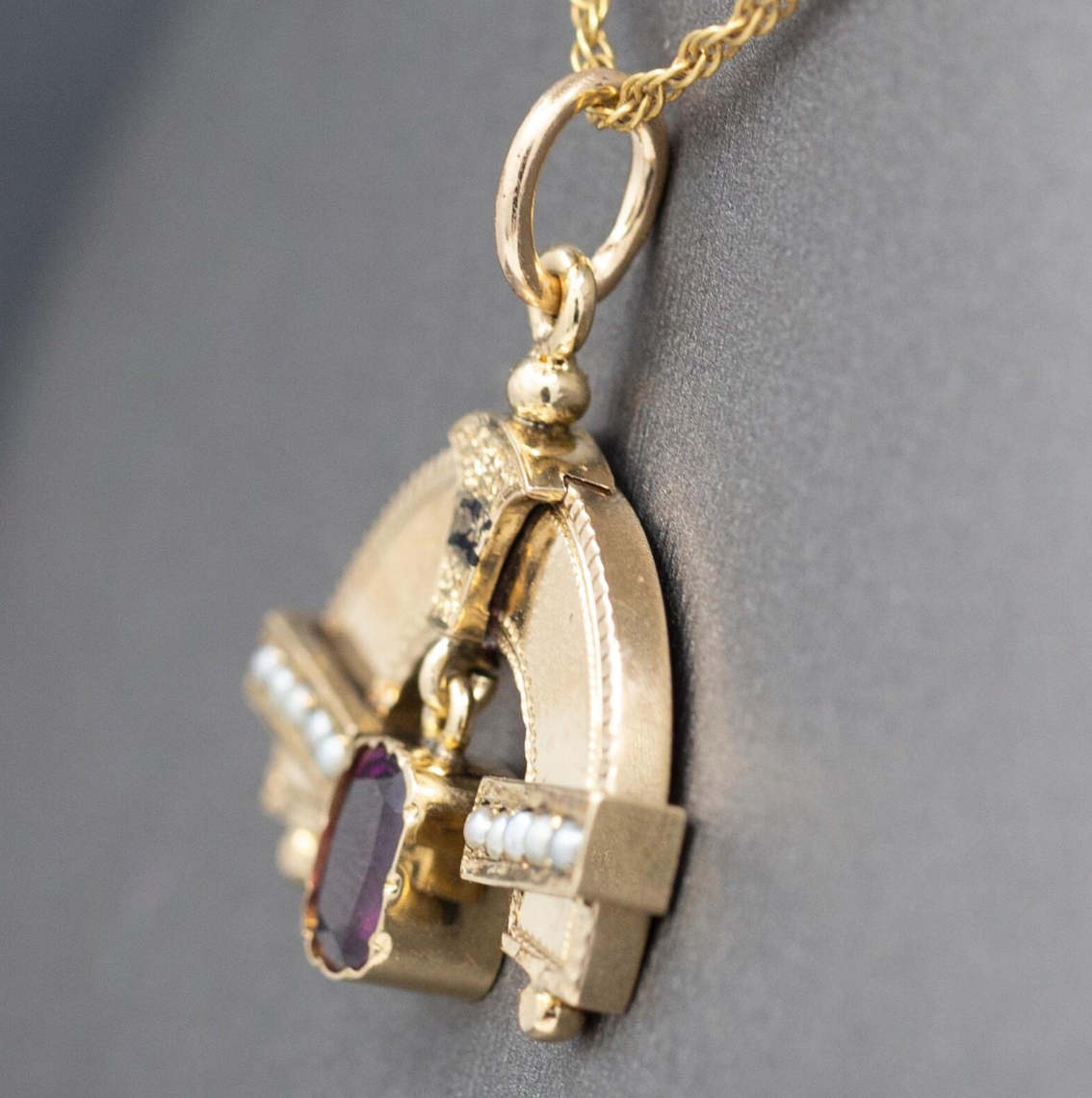 Antique Victorian Seed Pearl and Rhodolite Garnet Rainbow Pendant Necklace in 14k Yellow Gold