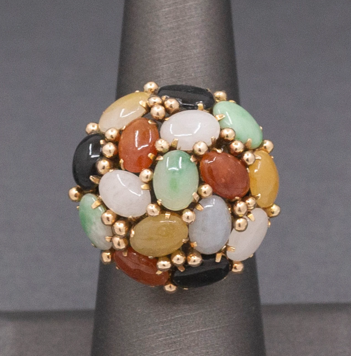 Multi Color Jade Jadeite Rainbow Domed Cocktail Ring in 14k Yellow Gold