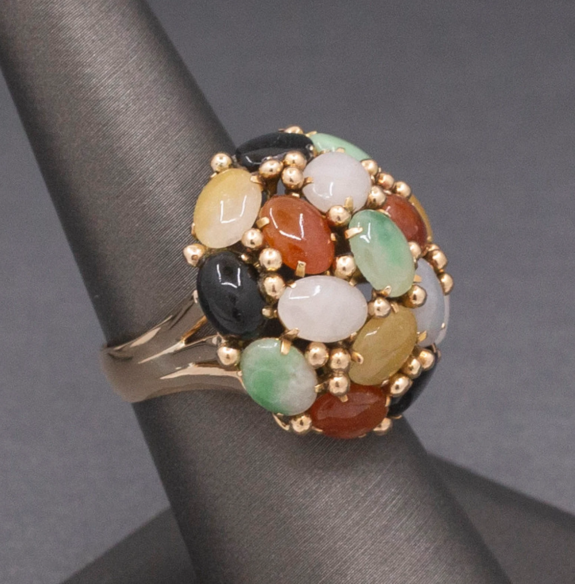 Multi Color Jade Jadeite Rainbow Domed Cocktail Ring in 14k Yellow Gold