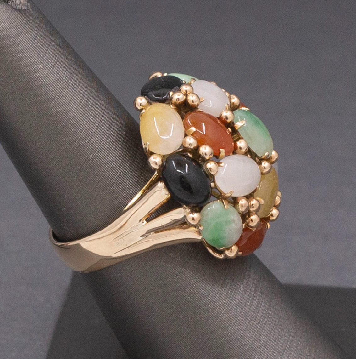 Multi Color Jade Jadeite Rainbow Domed Cocktail Ring in 14k Yellow Gold