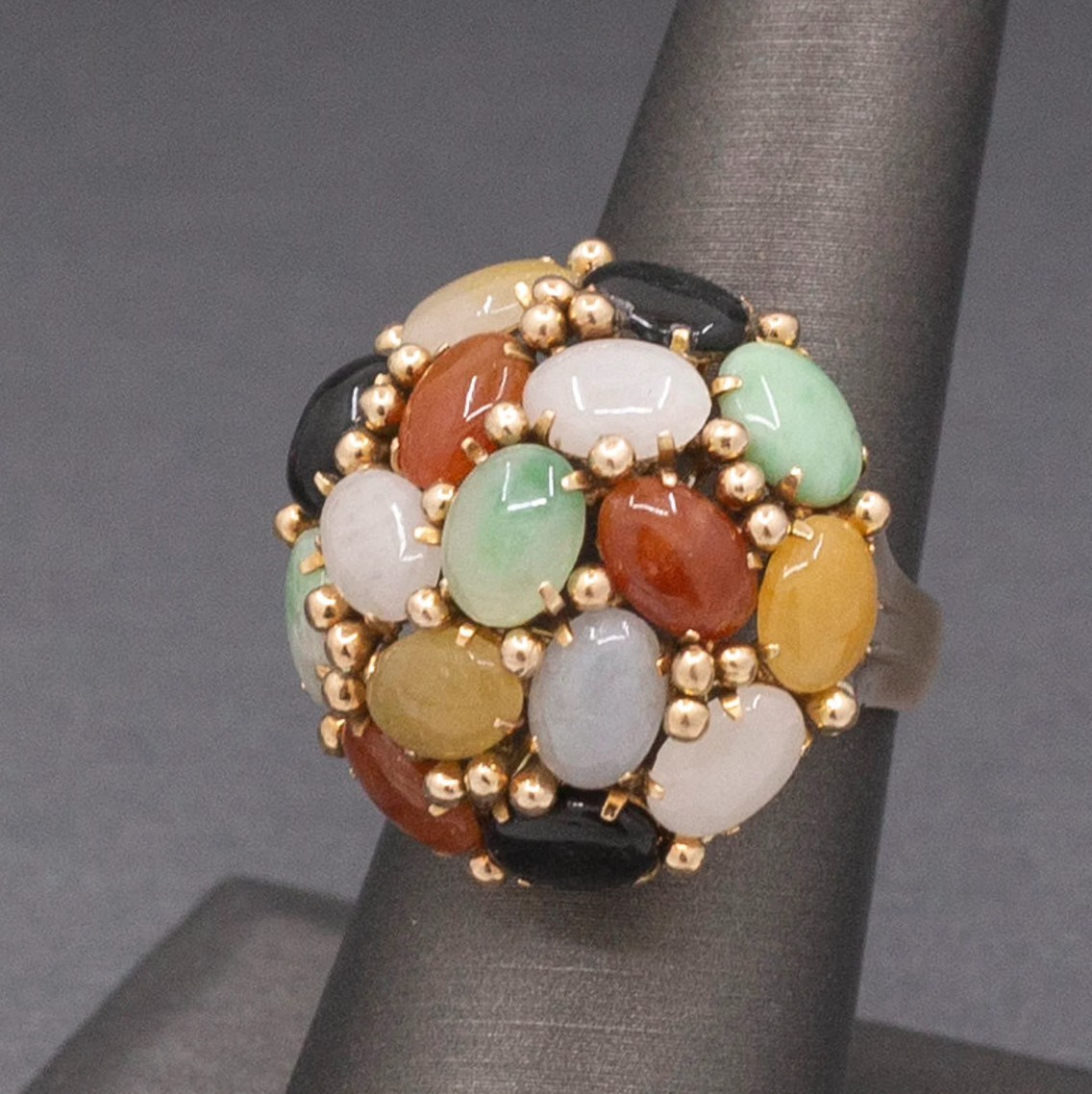Multi Color Jade Jadeite Rainbow Domed Cocktail Ring in 14k Yellow Gold