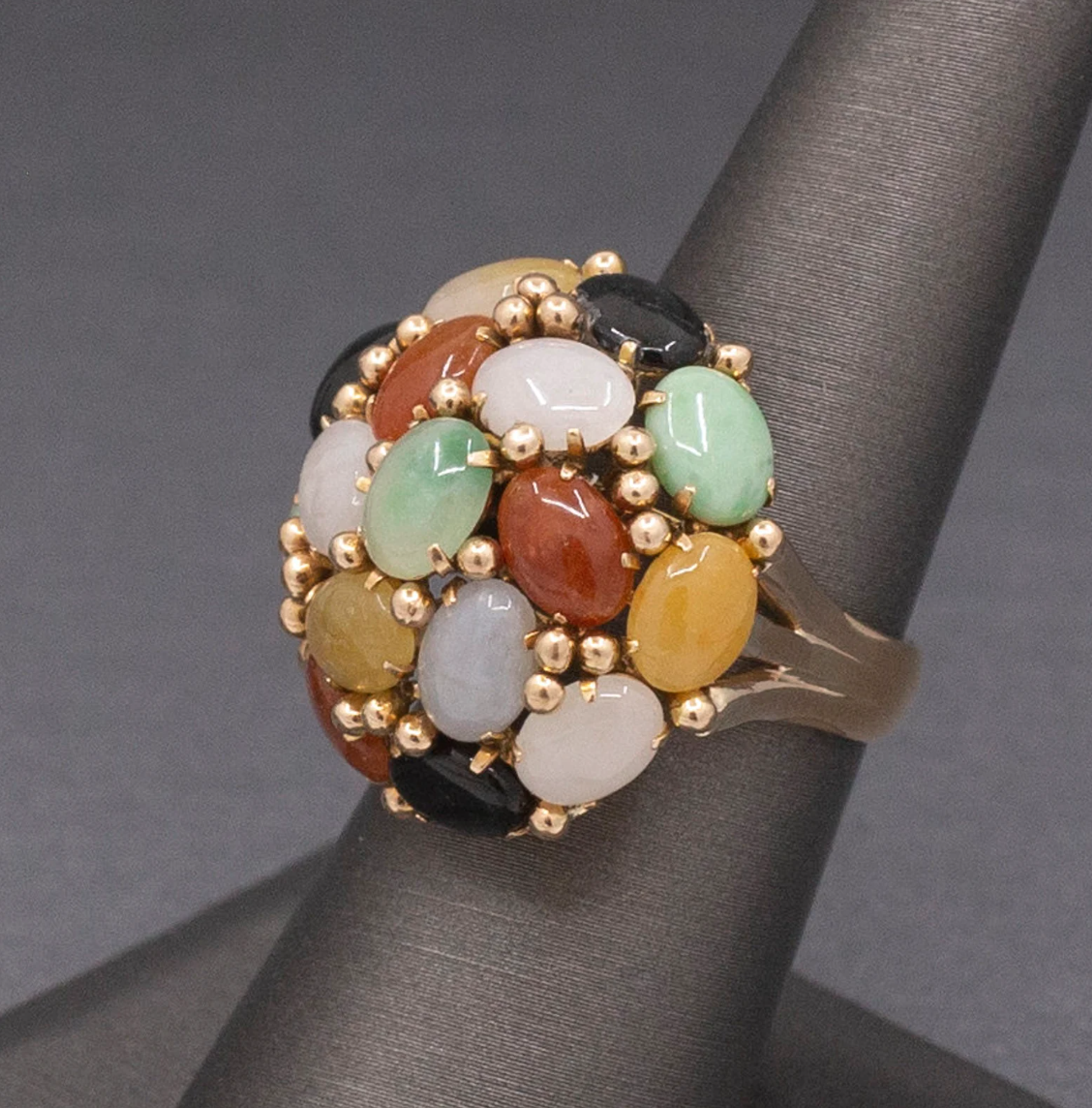 Multi Color Jade Jadeite Rainbow Domed Cocktail Ring in 14k Yellow Gold