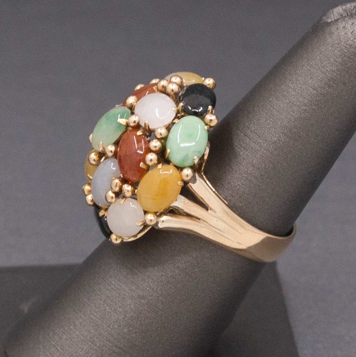 Multi Color Jade Jadeite Rainbow Domed Cocktail Ring in 14k Yellow Gold