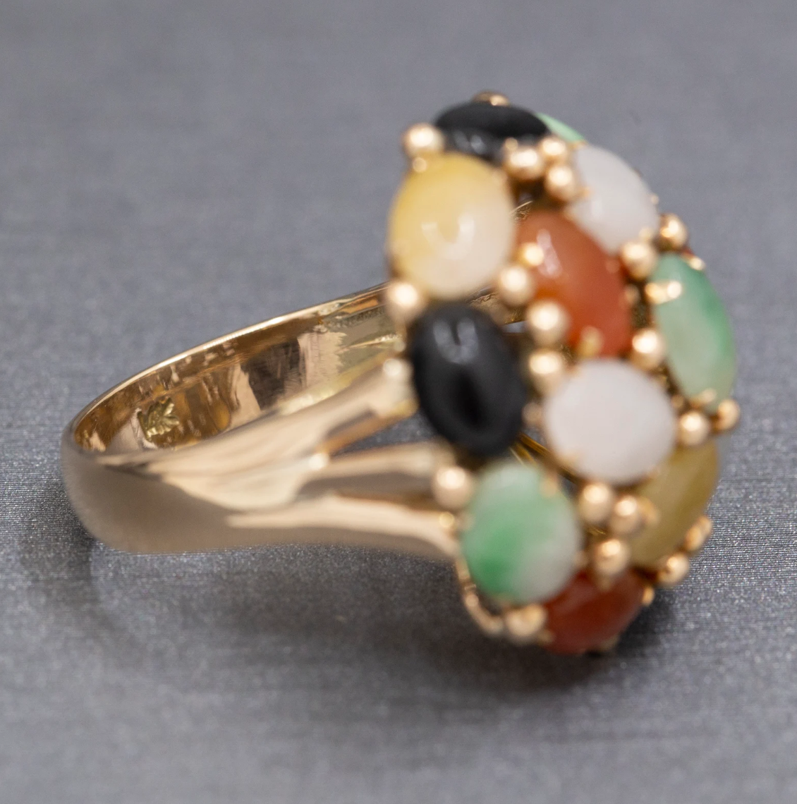 Multi Color Jade Jadeite Rainbow Domed Cocktail Ring in 14k Yellow Gold